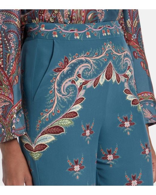 Etro Blue Floral Printed Silk Flared Pants