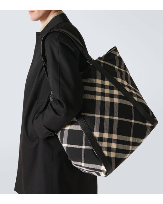 Burberry Black Field Large Check Tote Bag for men