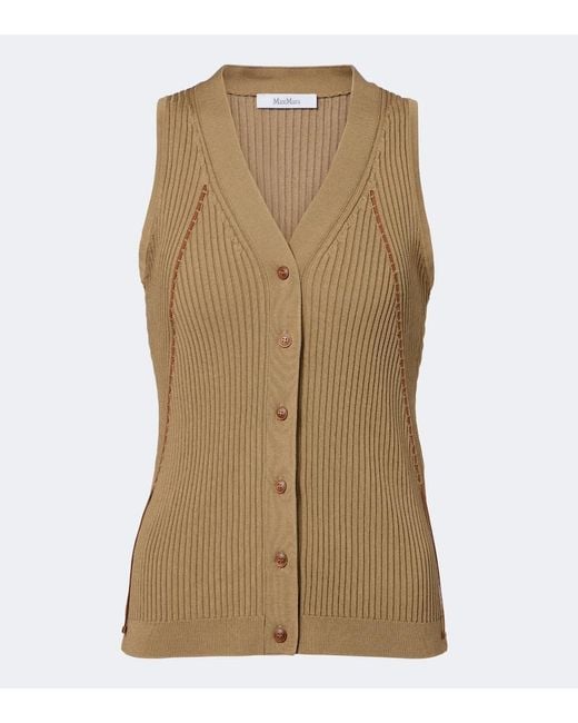 Max Mara Natural Ribbed Knit Cotton-Blend Top