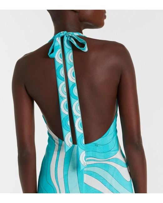 Emilio Pucci Blue Printed Silk Twill-Trimmed Crepe-Jersey Halterneck Midi Dress
