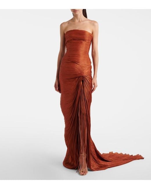 Marmar Halim Red Draped Pleated Scarf-Detail Bustier Gown