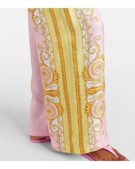 Versace Pink Barocco Foulard Silk Twill Wide-Leg Pants