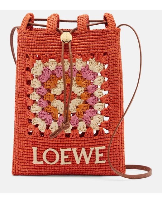 Loewe Red Paula's Ibiza Crochet Raffia Pouch With Strap
