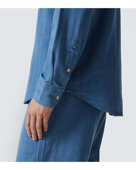 Frescobol Carioca Blue Emilio Herringbone Denim Shirt for men