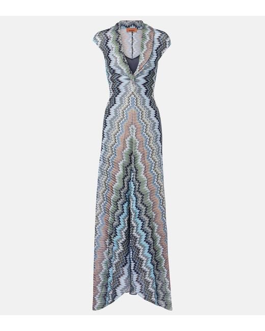 Missoni Blue Zigzag Gathered Knitted Maxi Dress