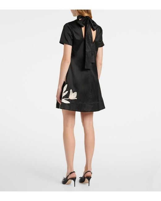 Staud Black Ilana Floral-Applique Satin Minidress
