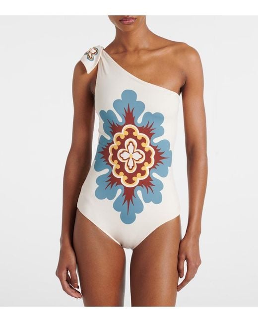 LaDoubleJ White Goddess Printed One-Shoulder Swimsuit