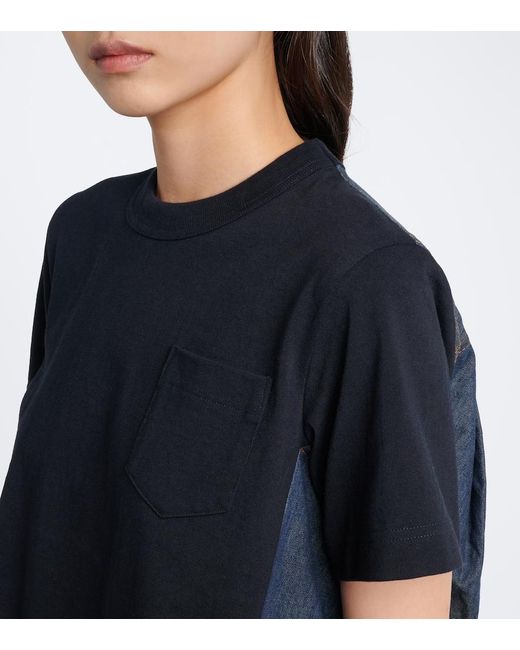 Sacai Black Cotton Jersey And Denim T-Shirt