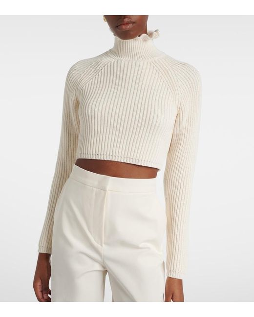 Max Mara White Campo Ribbed-Knit Cropped Turtleneck Sweater
