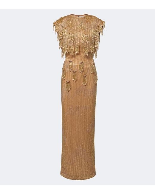 Rachel Gilbert Natural Lani Caped Beaded Gown