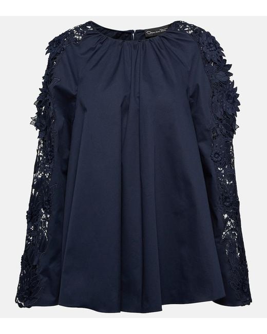 Oscar de la Renta Blue Lace-Detail Cotton Blouse