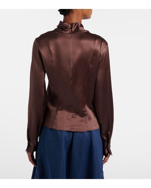 Brunello Cucinelli Brown Draped Silk-Blend Satin Blouse