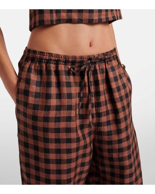 Asceno Brown Checked Linen Wide-Leg Pants
