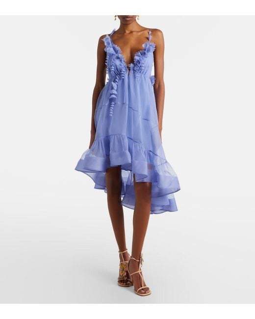 Zimmermann Blue Como Asymmetric Floral-Applique Silk Minidress