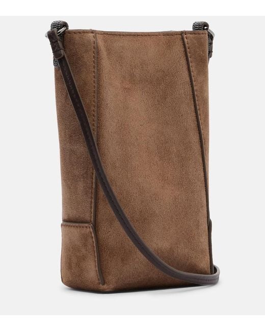 Brunello Cucinelli Brown Duo Mini Monili Suede Phone Pouch