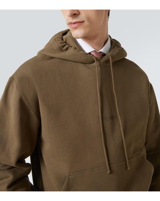 Saint Laurent Brown Logo Embroidered Cotton Fleece Hoodie for men