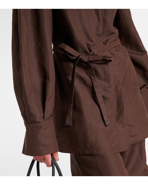Max Mara Brown Affari Belted Linen And Silk Shirt