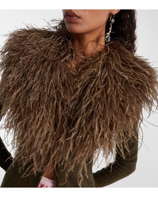 Blumarine Brown Feather-Trimmed Wool Cardigan