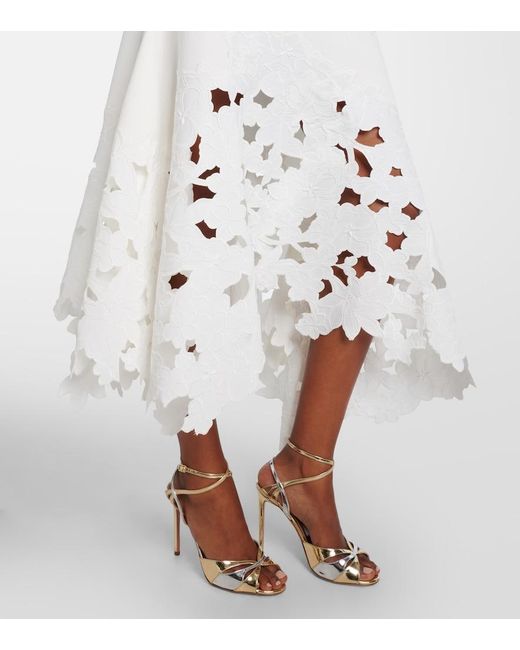Oscar de la Renta White Lace-Trimmed Asymmetric Midi Dress