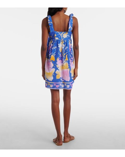 Juliet Dunn Blue Floral Cotton And Linen Minidress