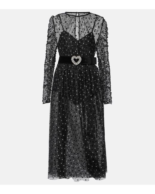 Rebecca Vallance Black Whitney Belted Metallic Polka-dot Flocked Tulle Dress