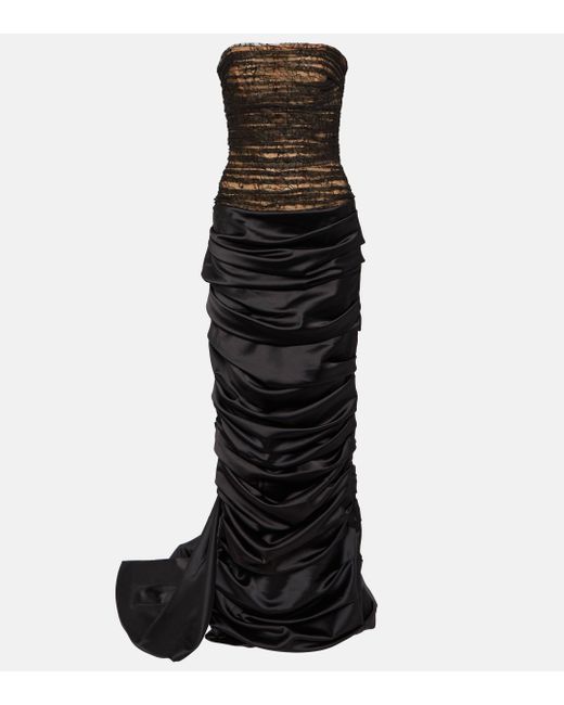 Rasario Black Draped Lace And Satin Gown
