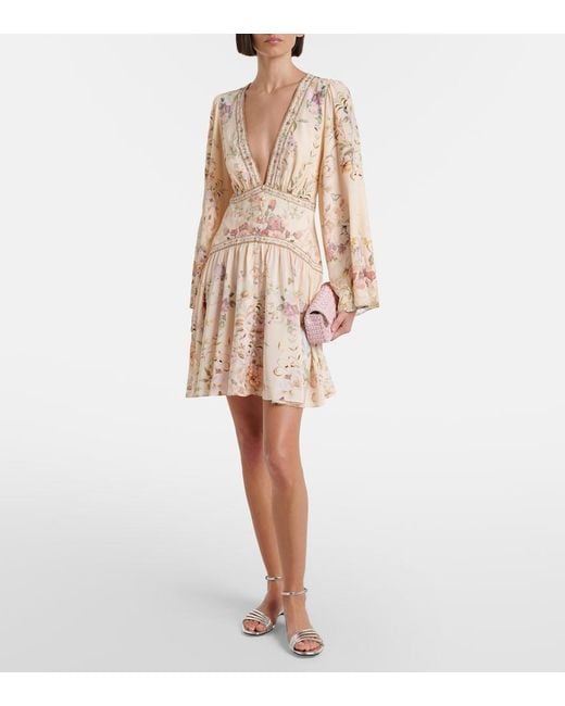 Camilla Natural Embellished Floral Silk Minidress