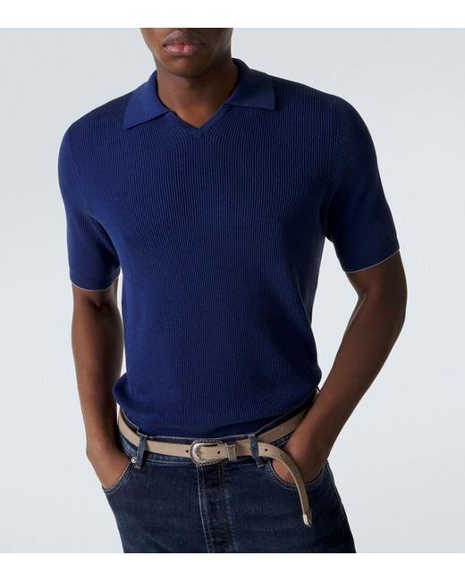 Brunello Cucinelli Blue Ribbed-Knit Cotton Polo Shirt for men