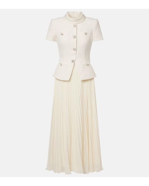 Self-Portrait White Pleated Boucle Chiffon Midi Dress