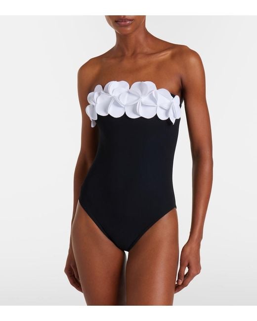 Karla Colletto Blue Tess Floral-Applique Bandeau Swimsuit