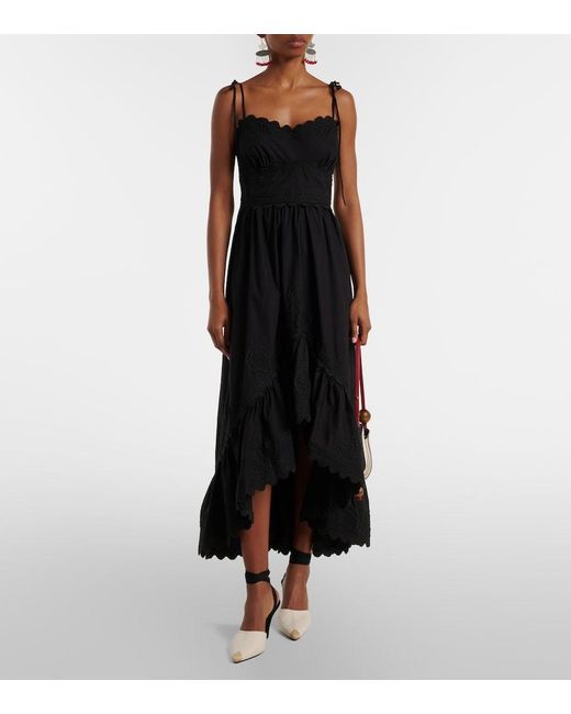 Juliet Dunn Black Asymmetric Embroidered Cotton Midi Dress