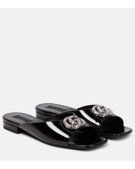 Gucci Black Patent Leather Flat Sandals