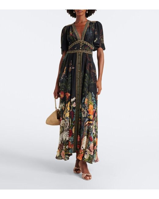 Camilla Black Embellished Printed Silk Satin Maxi Dress