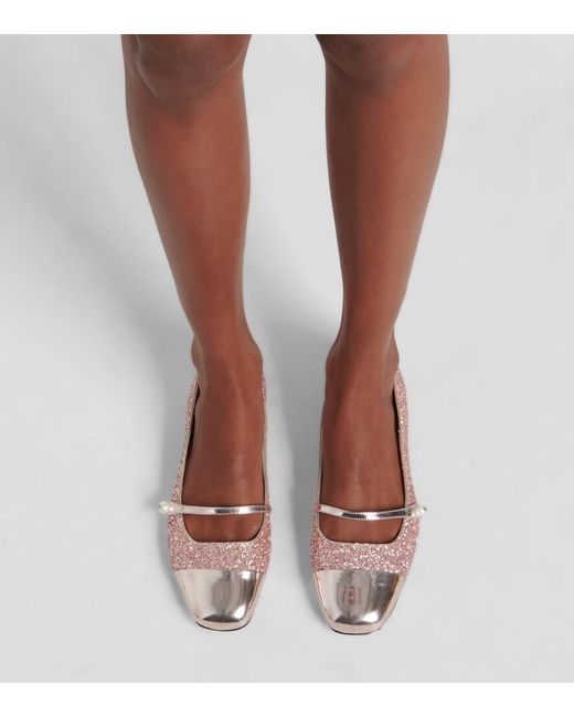 Jimmy Choo Pink Elisa Leather-Trimmed Glitter Ballet Flats