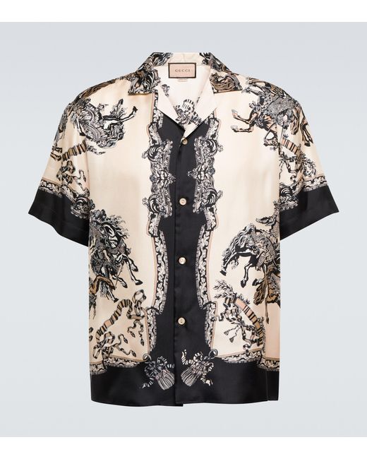 Gucci Black Printed Silk Twill Bowling Shirt for men
