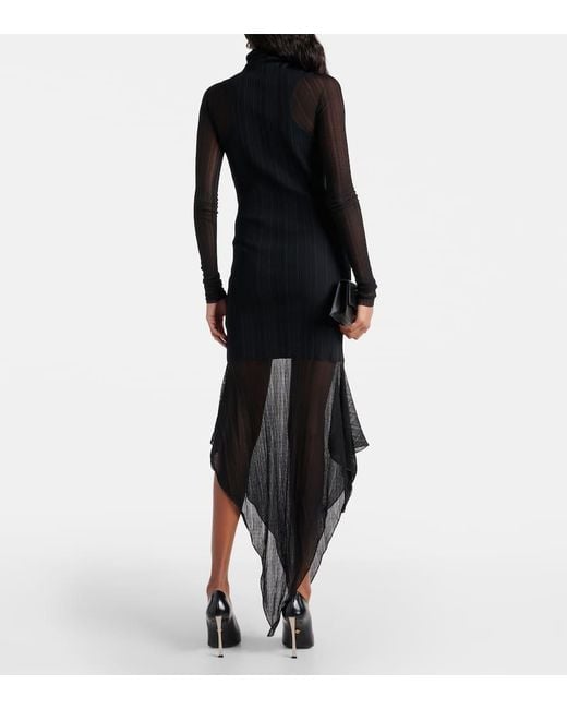 Mugler Black Asymmetric Ribbed-knit Midi Dress