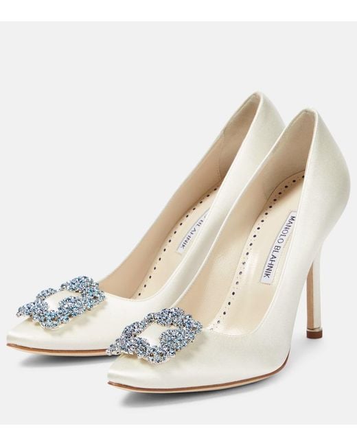 Manolo Blahnik White Bridal Hangisi 105 Embellished Satin Pumps