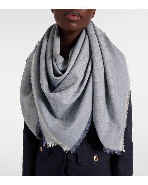 Gucci Gray Schal Gg Aus Baumwolle, Wolle Und Seide