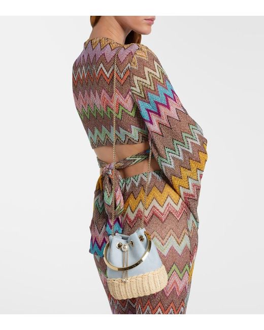 Jimmy Choo Blue Bon Bon Canvas And Wicker Bucket Bag