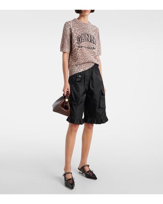 Ganni Brown Logo Leopard-Print Wool-Blend Top