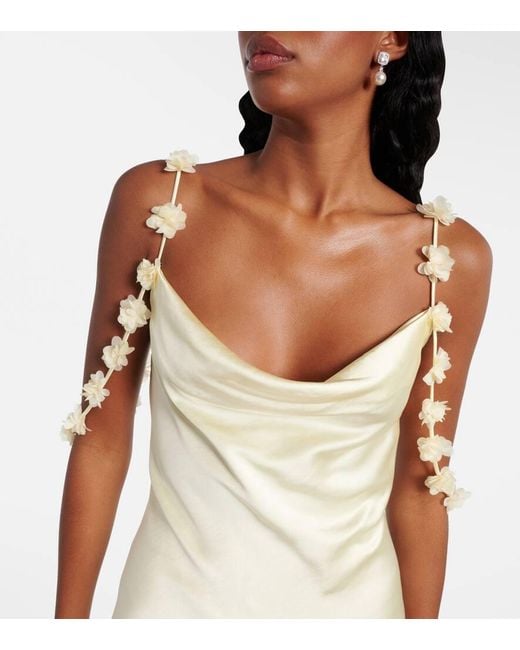 Self-Portrait White Floral-Applique Satin Maxi Dress