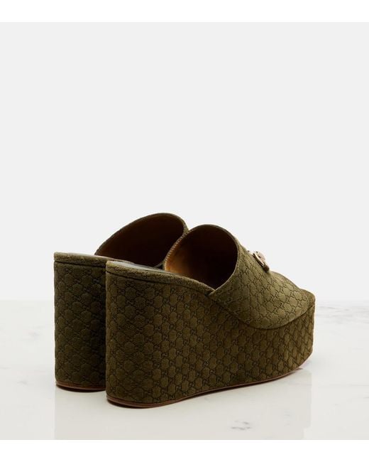 Gucci Green Horsebit Gg Suede Wedge Mules