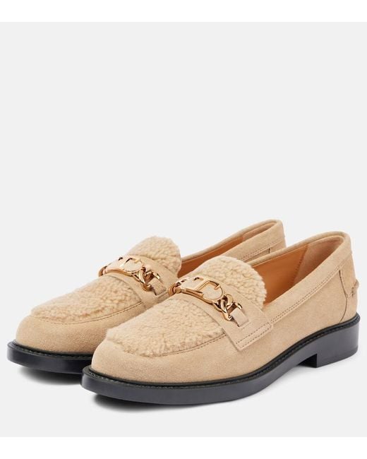 Tod's Natural Shearling-Trimmed Suede Loafers