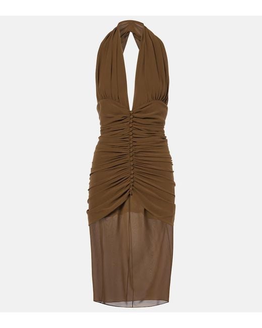 Saint Laurent Brown Halterneck Ruched Silk Midi Dress