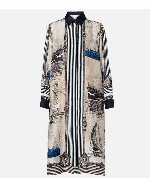 Max Mara Blue Printed Silk Twill Shirt Dress