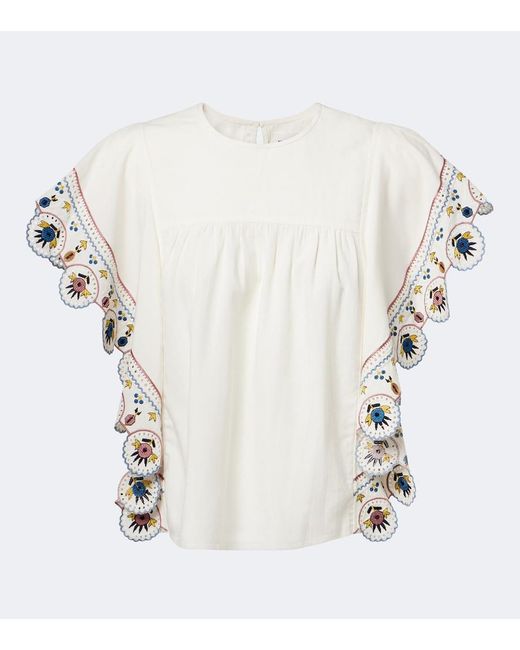 Isabel Marant White Marlie Embroidered Ruffled Blouse