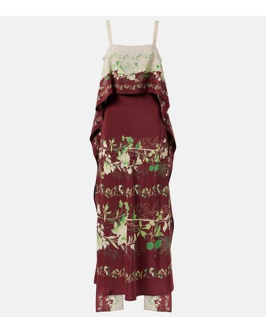 LaDoubleJ Red Floral Silk Crepe De Chine Midi Dress
