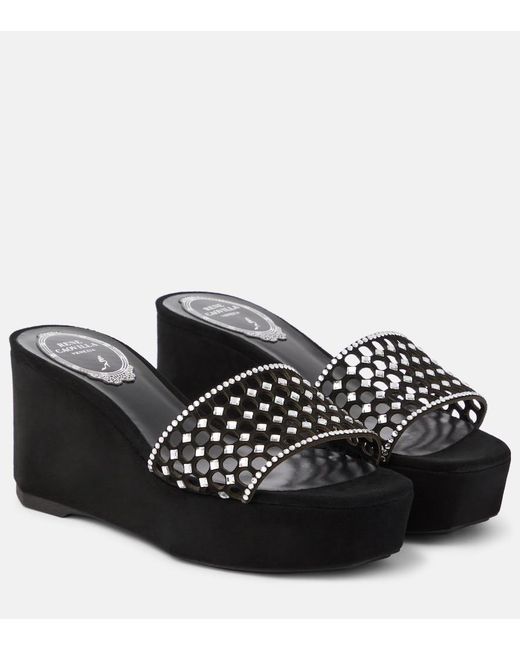 Rene Caovilla Black Embellished Suede Platform Slides