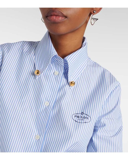 Camicia cropped in misto cotone a righe di Prada in Blue