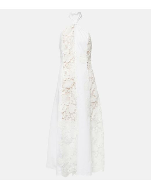 Oscar de la Renta White Halterneck Cotton Lace Midi Dress
